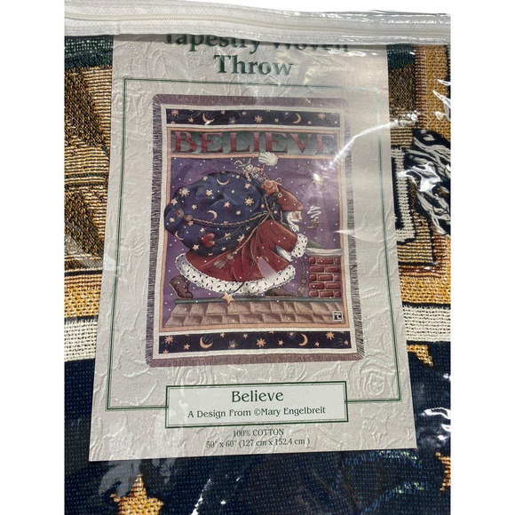 Mary Engelbreit Believe Tapestry Throw Blanket NEW Vintage Christmas Santa 50x60 - Picture 3 of 5